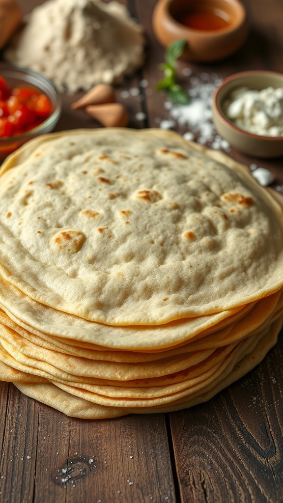 Freshly made Oaxaca tortillas stacked on a wooden table with salsa in the background.